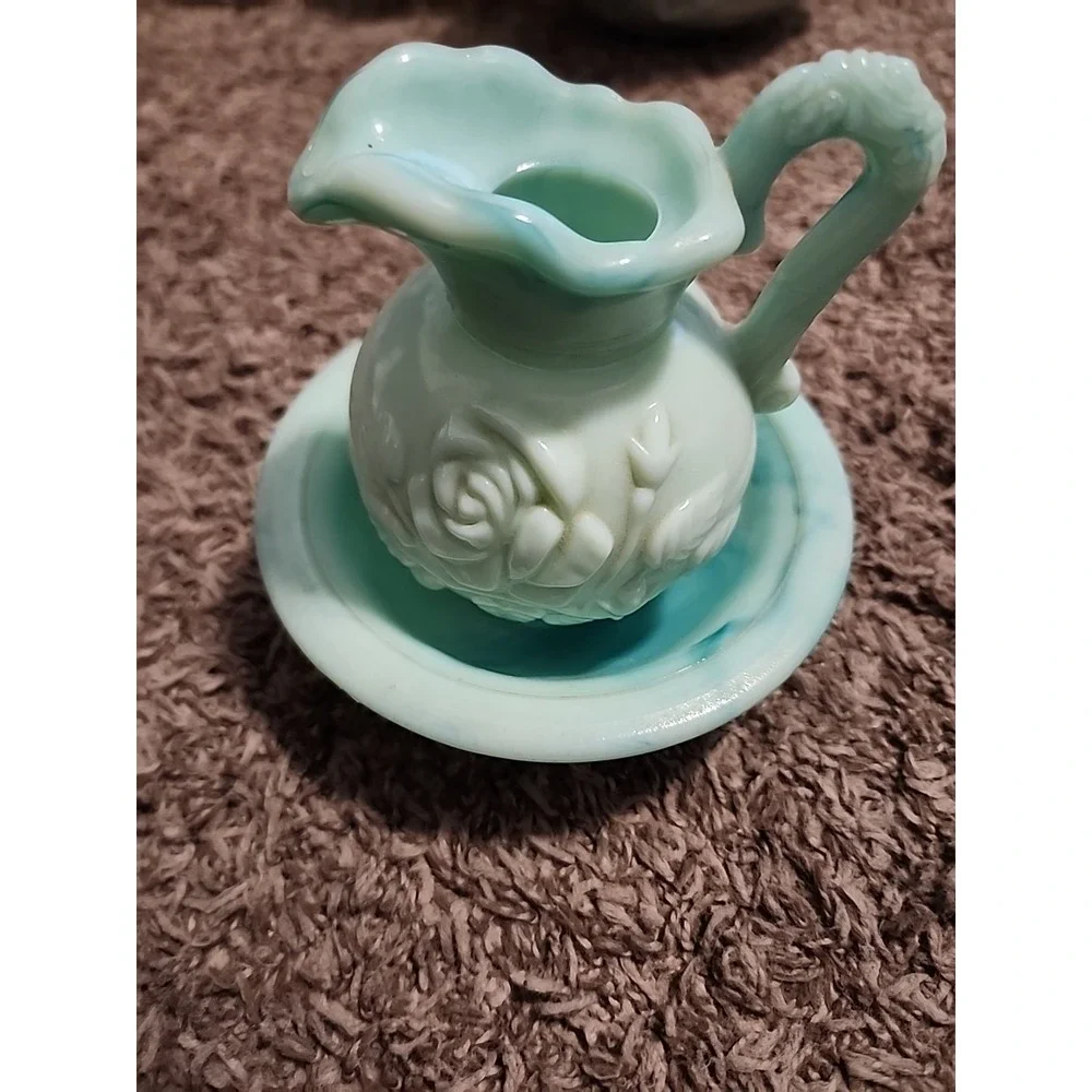 Vintage Avon Green Swirl Milk‎ Glass Rose Mini Bowl and Pitcher Set. No Topper.